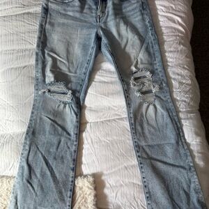 Buckle Blue Boot Cut Jeans with Distressed Details